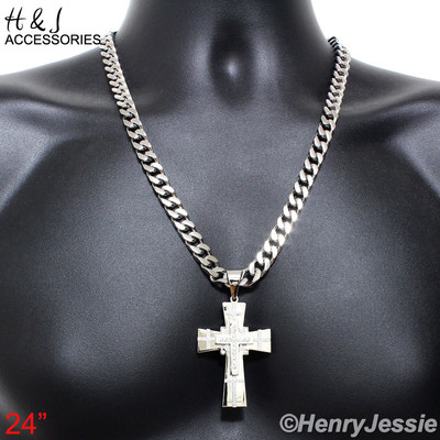 24''MEN Stainless Steel 9mm Silver Cuban Curb Chain Necklace CZ Cross Pendant*P7