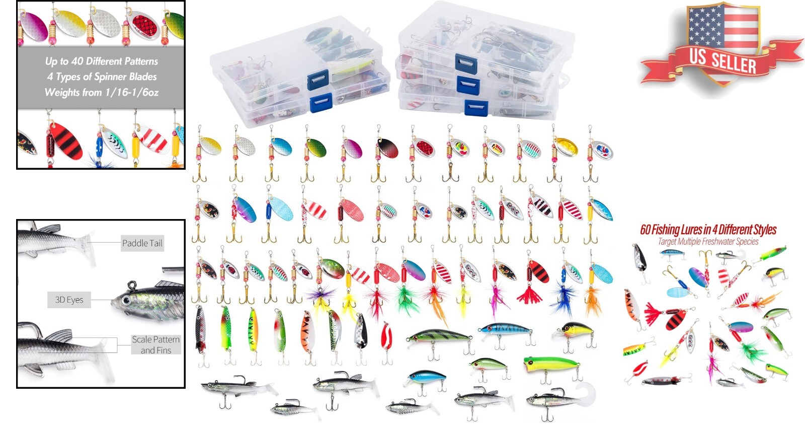 60-Piece  Fishing Lures Kit with 5 Tackle Boxes - Perfect for Freshwater - Image 2
