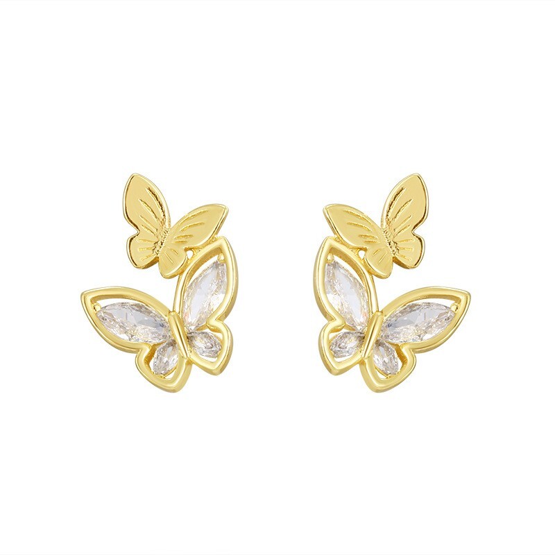 925 Silver Gold-Tone Butterfly CZ Stud Earrings for Women