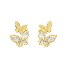Women 925 Sterling Silver Post Butterfly CZ Stud Earrings Gold Tone I99