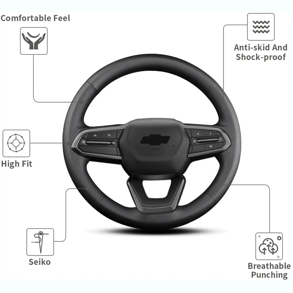 For Chevy 2024 Silverado EV Steering Wheel Cover Hand-Stitching Leather Wrap - Image 3 of 4