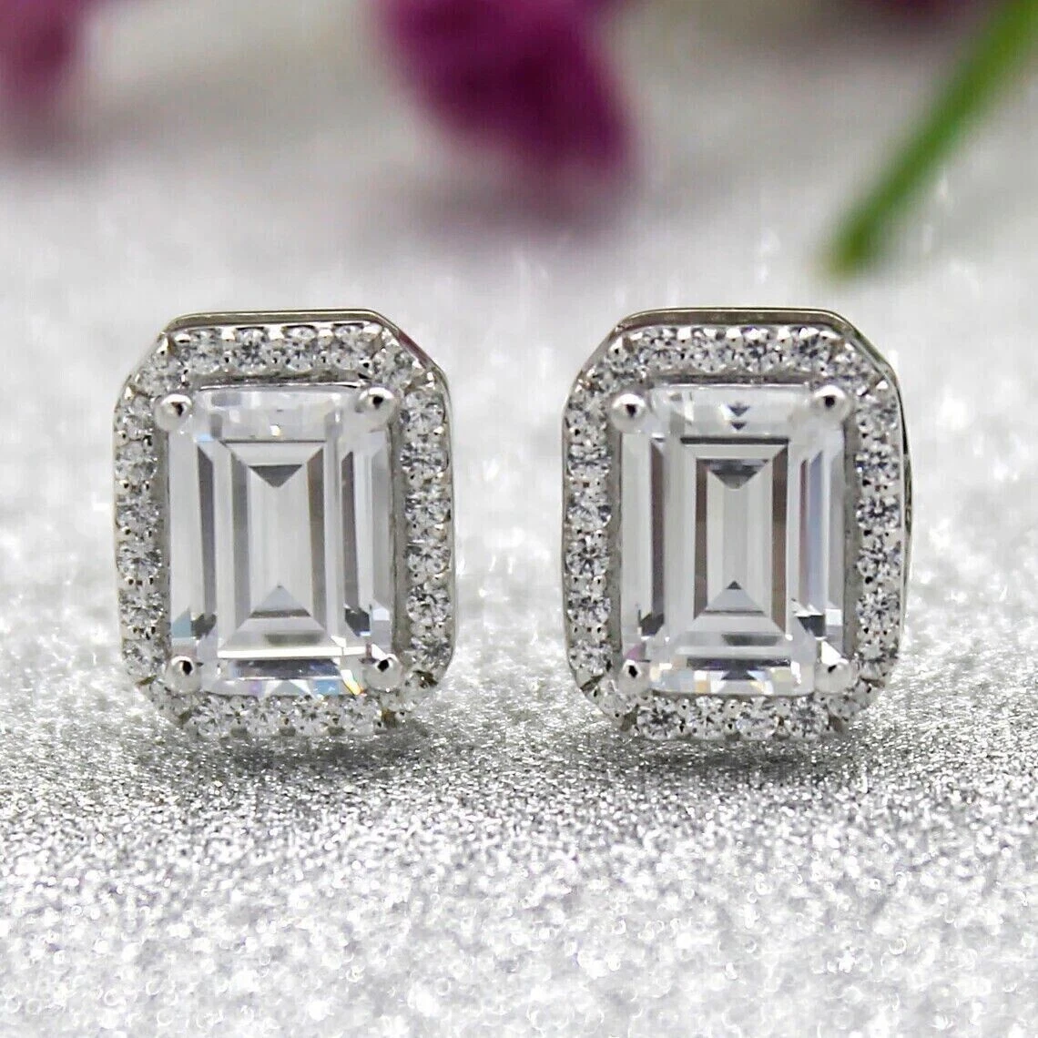Emerald Cut Lab Created Diamond Women s Halo Stud Earrings 14K