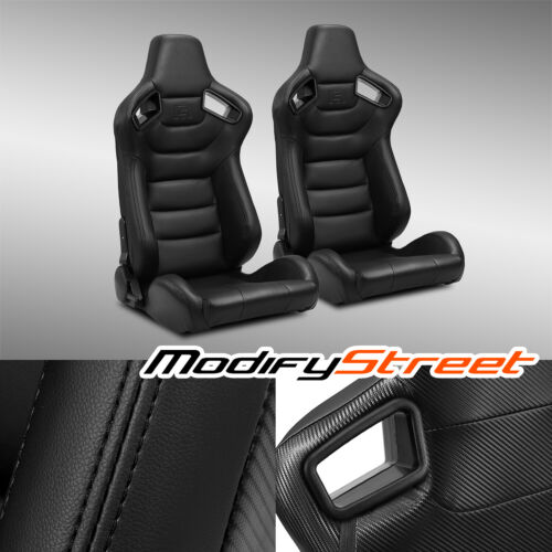 ModifyStreet 1 Pair Universal Main Black Carbon Fiber Mixed Side Red PVC Leather Reclinable Racing Bucket Seats 