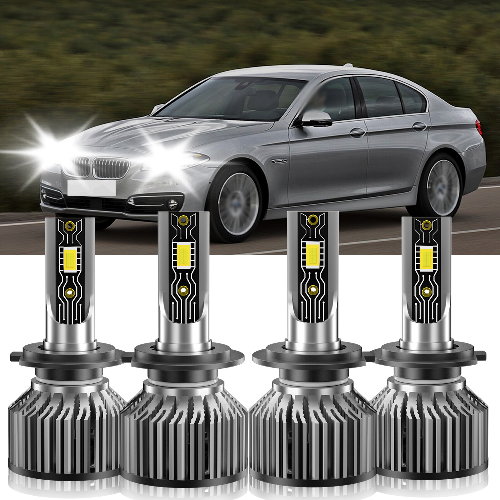 For BMW 550i 2006-2010 4X H7+H7 LED Headlights Bulbs High Low Beam Combo Kit