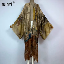 Kimono New Oil Print Bikini Cover-Up Elegant Beach Outfits for Women Sexy Cotton