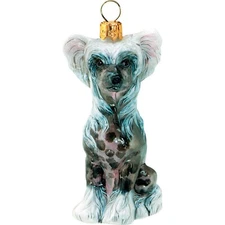 Chinese Crested Hairless Dog Sitting Blown Glass Polish Christmas Tree Ornament