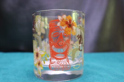 Rare Tiki Glass Whiskey Glass Monkey Hibiscus Tropical Flowers ARC Signed