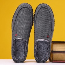 MENS Linen Fabric SLIPPERS FUR LINED FLEECE WINTER WARM LOAFER SHOES SIZE