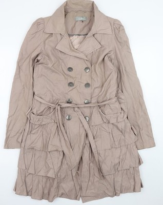 Wallis Damen Beige Rüschen Trenchcoat Größe 12 Gürtel Zweireiher
