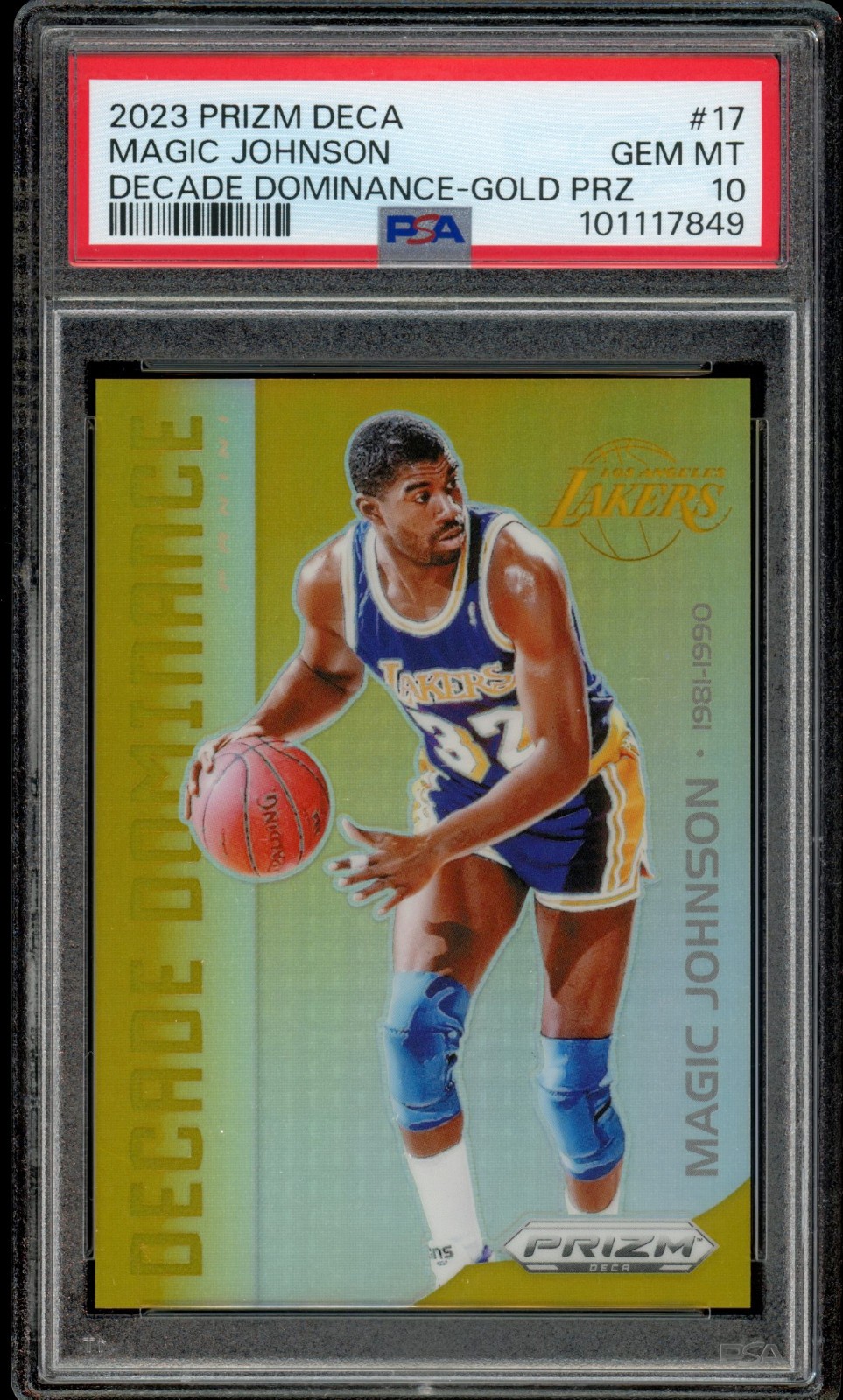 2023-24 Prizm Deca MAGIC JOHNSON #17 Decade Dominance Gold Prizm /10 PSA 10 GEM