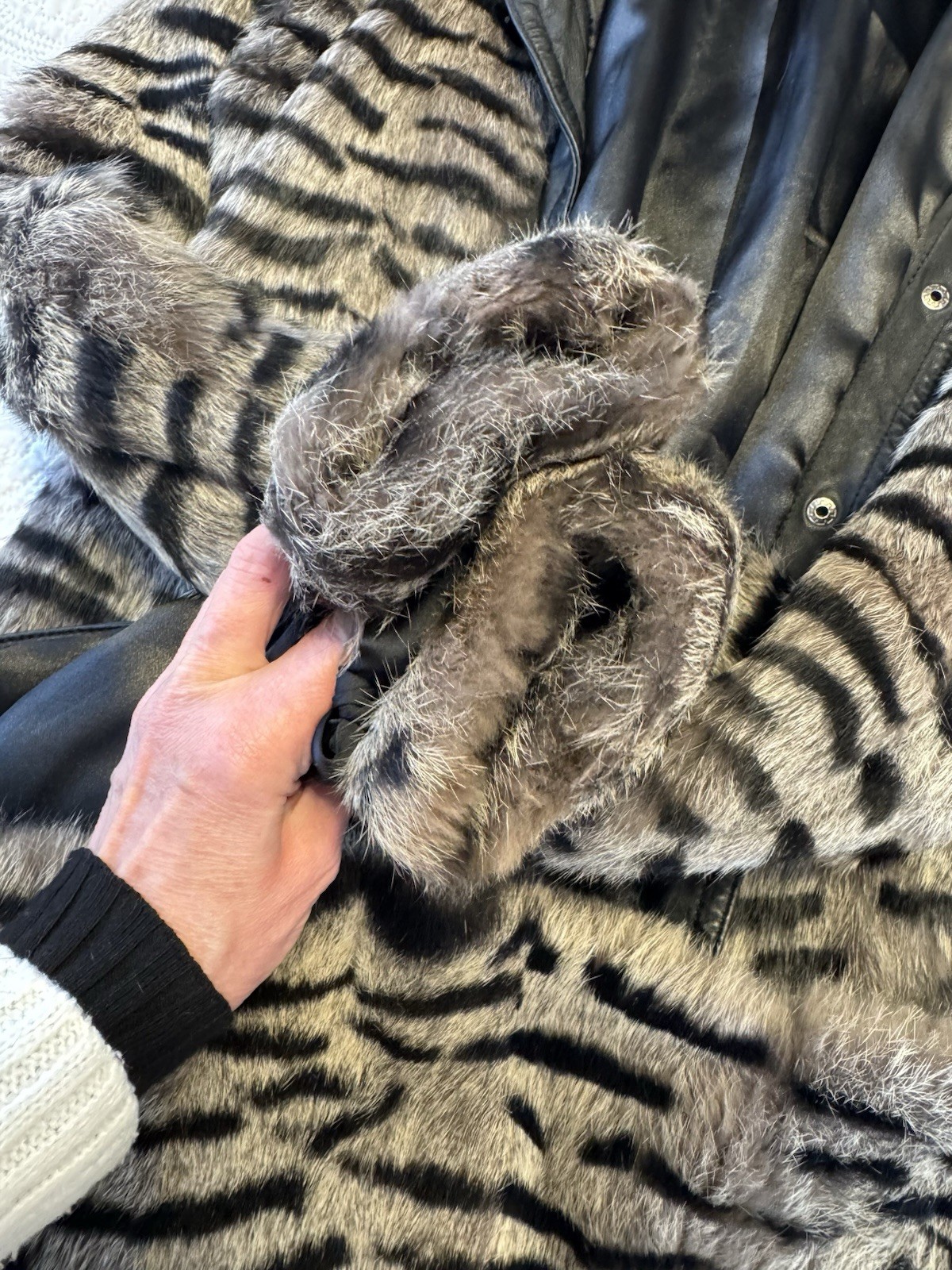 Vintage Bebe Dyed Rabbit Fur Coat Medium Tiger Stripe Print Leather Trim Belted