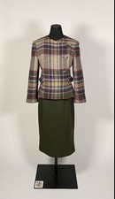 1990s Valentino asymmetric skirt set, jacket, olive green plaid, size 6