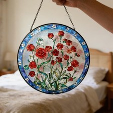 Red Rose Floral Stained Glass Suncatcher Wildflowers Window Hanging Decor Art