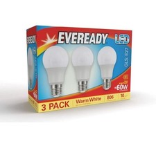 Eveready E27 ES LED Screw Bulb 60w Equivalent -Warm White 3000k 806lm - Pk of 3