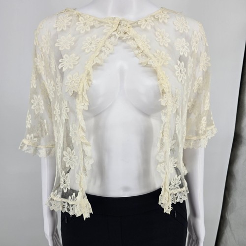Vintage 1990s Unbranded Mesh Lace Daisy Embroidered Open Front Coverup (L) *Fair