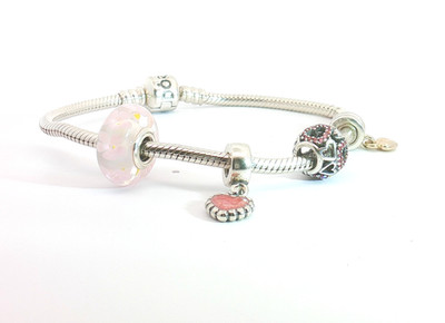 Pandora Bracelet with Pink Heart Charms Vintage