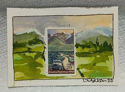 Postal Whimsy OOAK Alaska Highway 29¢ Stamp ACEO Landscape Art by Virginia