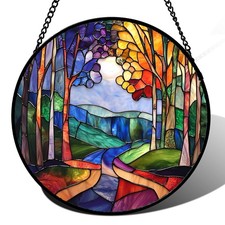 Stained Glass Window Hanging, Colorful Forest Landscape Tree Suncatcher for D...
