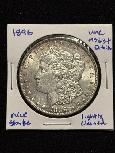 1896 Morgan Silver Dollar $1 UNC Higher Grade, Nice Strike, Lightly Cleaned