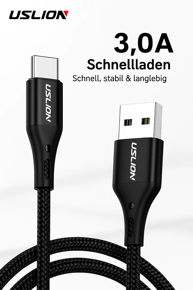 USLION 60W Typ-C Schnellladekabel 3A – 1m 2m 3m – Nylon für Android & Apple - Bild 3 von 4
