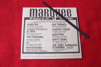 U2 ORIGINAL 1980 VINTAGE GIG CONCERT ADVERT MARQUEE LONDON MARTIAN DANCE Q TIPS