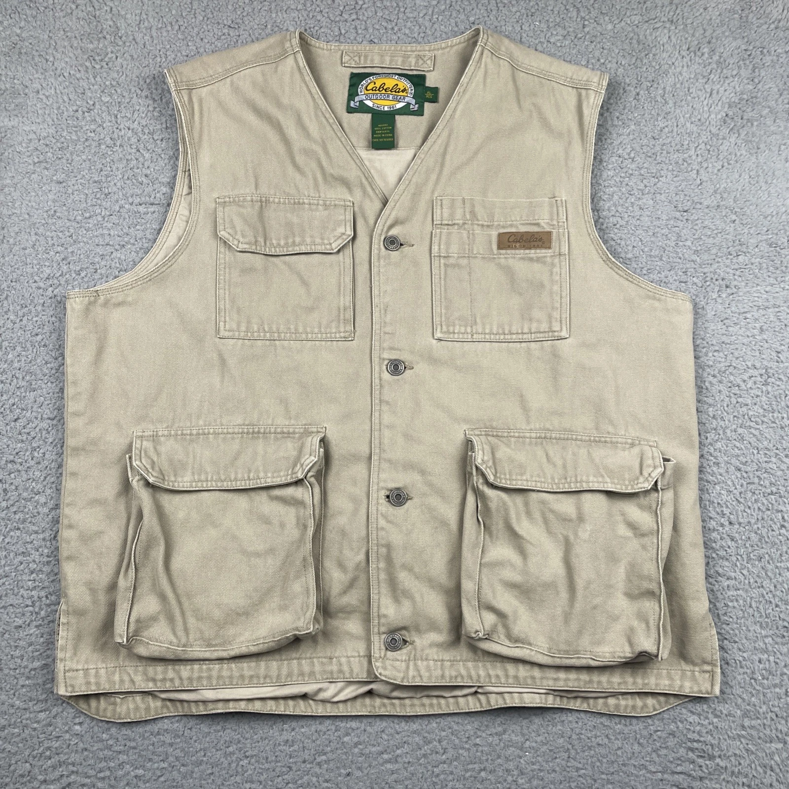 Cabela's Men’s Fishing Vest XL Beige Khaki Canvas Utility Hiking Lined Safari