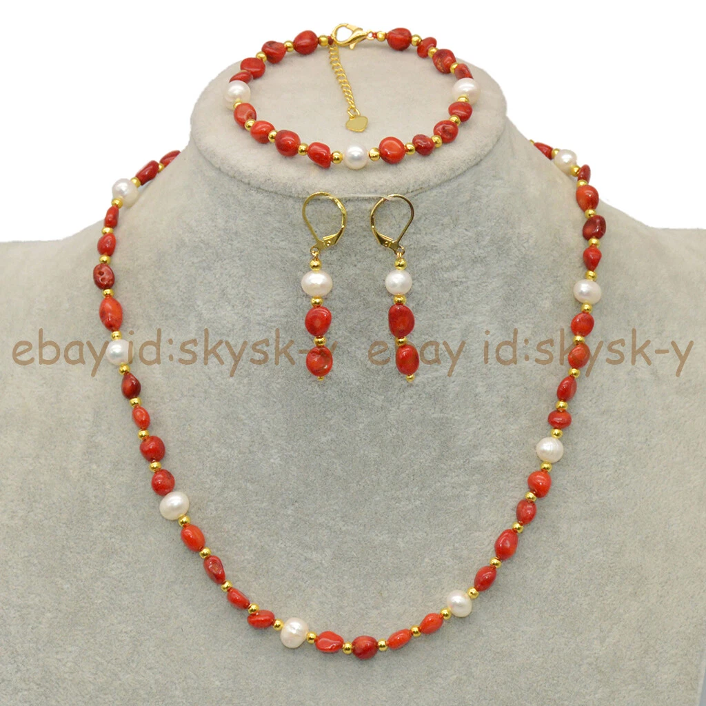Natural Red Coral Freedom Gems Beads White Pearl Necklace Bracelet Earrings Set