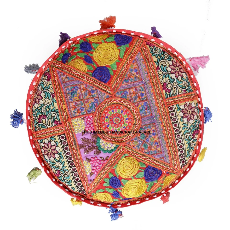 Indian Handmade Bohemian Patchwork Red Ottoman Pouf Cover Seating Foot Stool 18" - Image 3 of 3