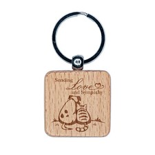 Sending Love and Sympathy Cat and Dog Engraved Wood Square Keychain Tag Charm