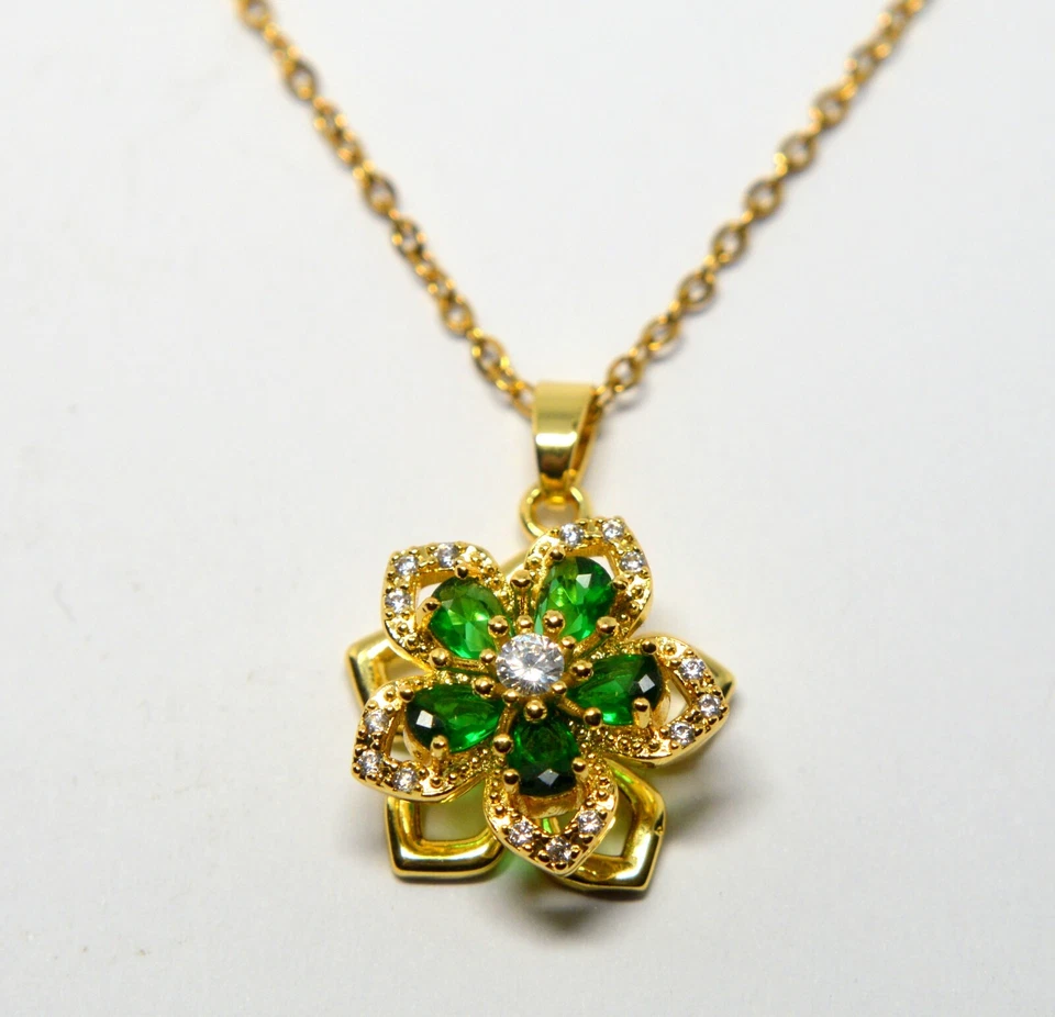 giratorio / giratorio! Collar Colgante Flor de la Suerte Verde Lleno Oro 14k Damas Foto 3 de 4