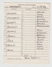 7-25-83 Cincinnati Reds - Game Used Lineup Card - Cesar Cedeno & Dan Driessen