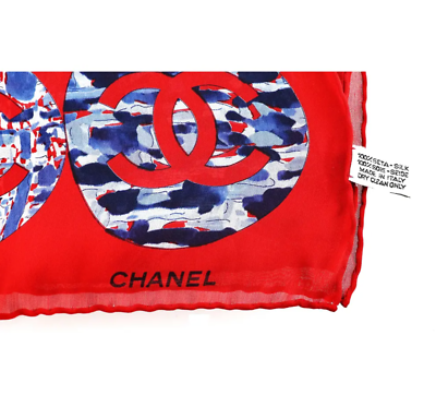 CHANEL Red Round CC Cocomark Motif 100% Silk Scarf 27
