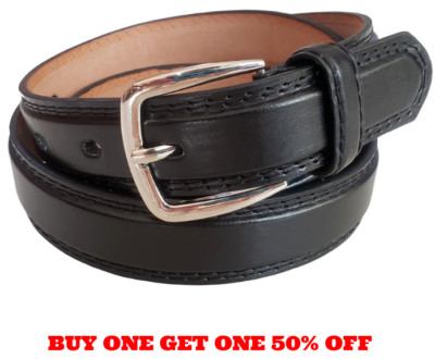 Men's Leather Casual Dress Plain Black Belt Silver Buckle Sizes S / M / L / XL