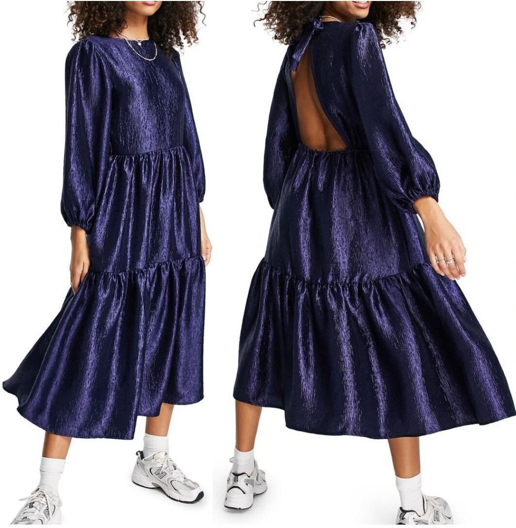 Topshop Metallic Blue Boho Midi Dress 10 Retro Cottagecore