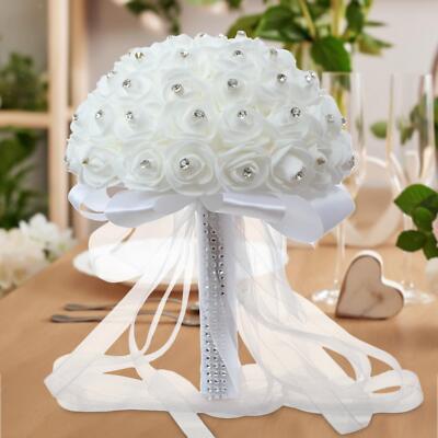 Wedding Bouquets for Bride Bridesmaid, White Artificial Roses Flowers Wedding