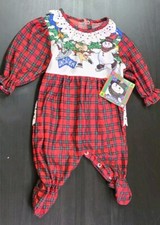 Vtg Christmas Frosty Snowman  Friends Footie Sleeper Baby Infant Red Plaid 6M