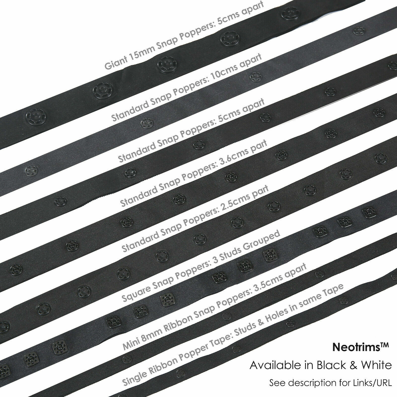 Large Snap Popper Tape Fasten Ribbon Tape,5cms Gap,White or Black ...