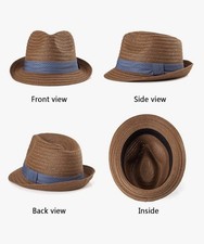 Unisex Trilby Fedora Panama Hat Coffee L/XL Woven Straw Tweed Beige Brown Crown