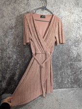 AX Paris Champagne Wrap Top Belted Short Sleeve Plisse Mini Dress Soft Pink 12