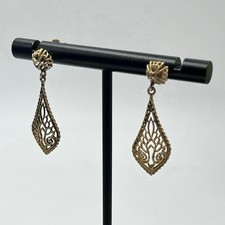 14k Yellow Gold Teardrop Filigree Lace Ornate Dangle Drop Earrings 2.1 grams
