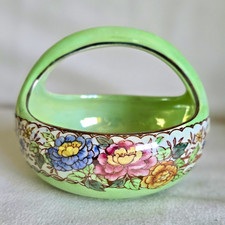 Vintage Maling Peony Rose Green Lustre Basket Bowl Newcastle England Floral