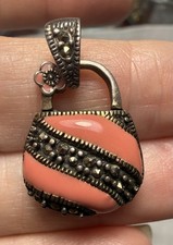 Vintage 925 Silver Reversible Marcasite Enamel Handbag Purse Pendant Necklace