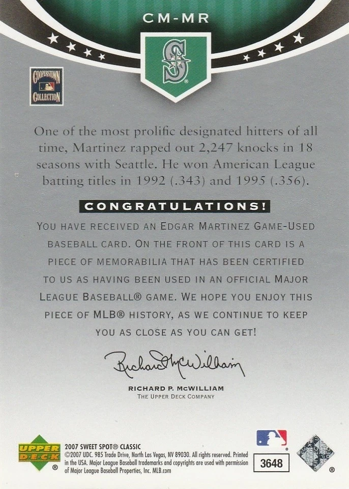 2007 Sweet Spot Classic Classic Memorabilia #CMMR Edgar Martinez Jsy (Mariners)! - Image 2 of 2