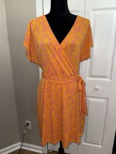 Nine West Women's Dress Orange & Pink Print Wrap Dress Short Sleeve Large NWOT