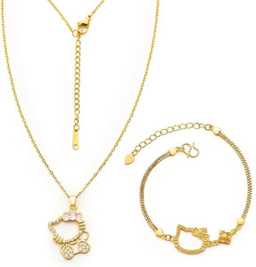 Authentic Cute Kitty Gold-Plated Necklace Bracelet Set, Cat Bow Pendant with Simulated Dia