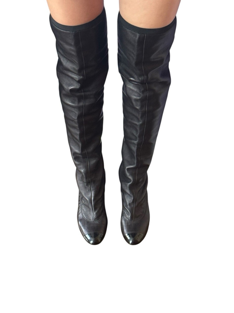 Chanel Black Leather Over The Knee Boots CC Logo Size 38 | eBay