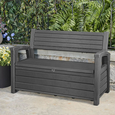 Keter Weatherproof Outdoor Patio Deck Box Bench 2 Seat 60 Gallon Storage Graphit