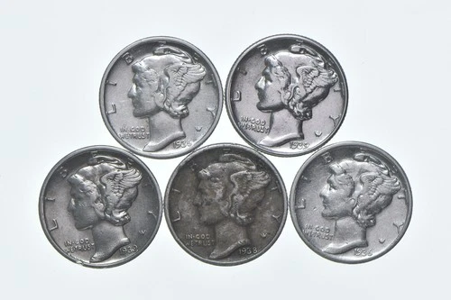High Grade Lot 1936 1939 1939 1938 1936 Mercury Dime Collection *580