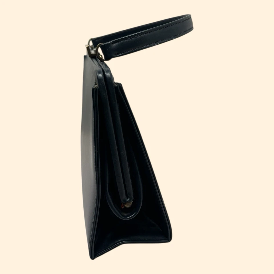 1960s Theodore California Navy Handbag Brass Clasp Purple Satin Interio - Image 3 of 4