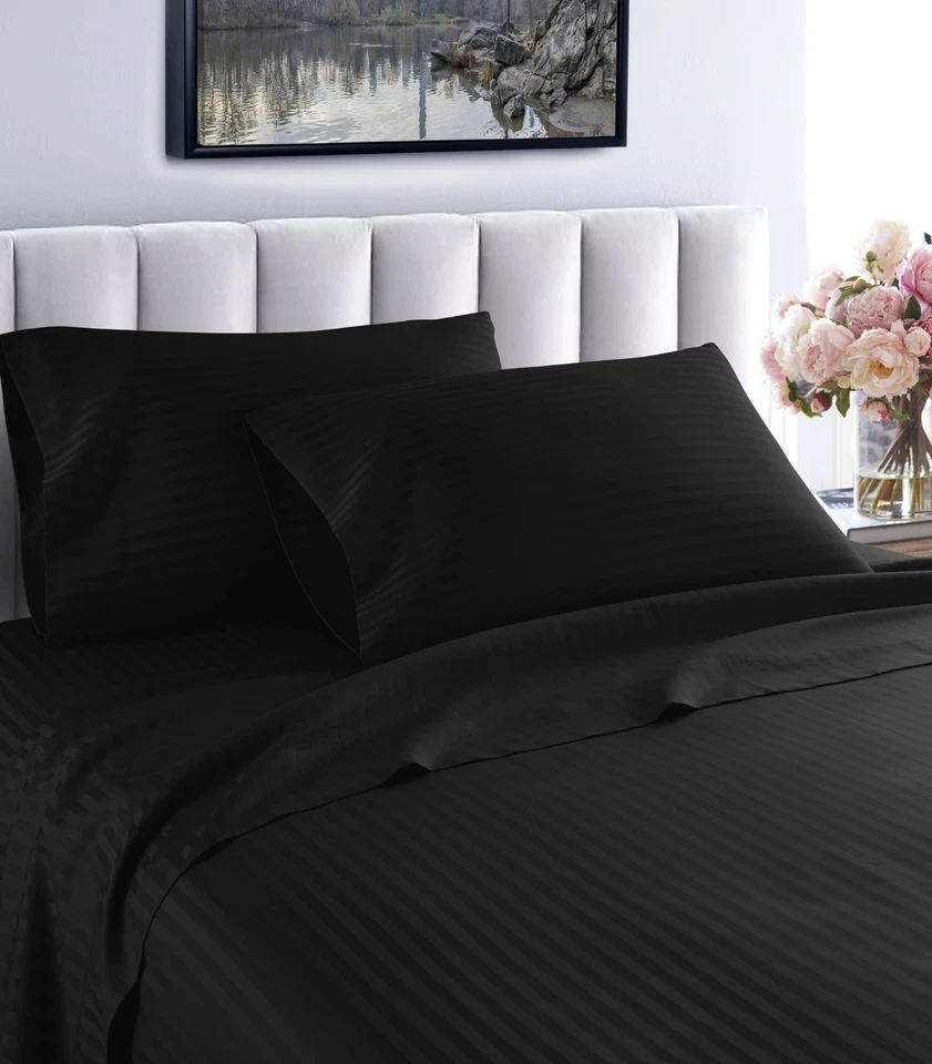 Juego de sábanas de bolsillo profundo Fresh Home 1000 hilos 100 % algodón a rayas Foto 2 de 4